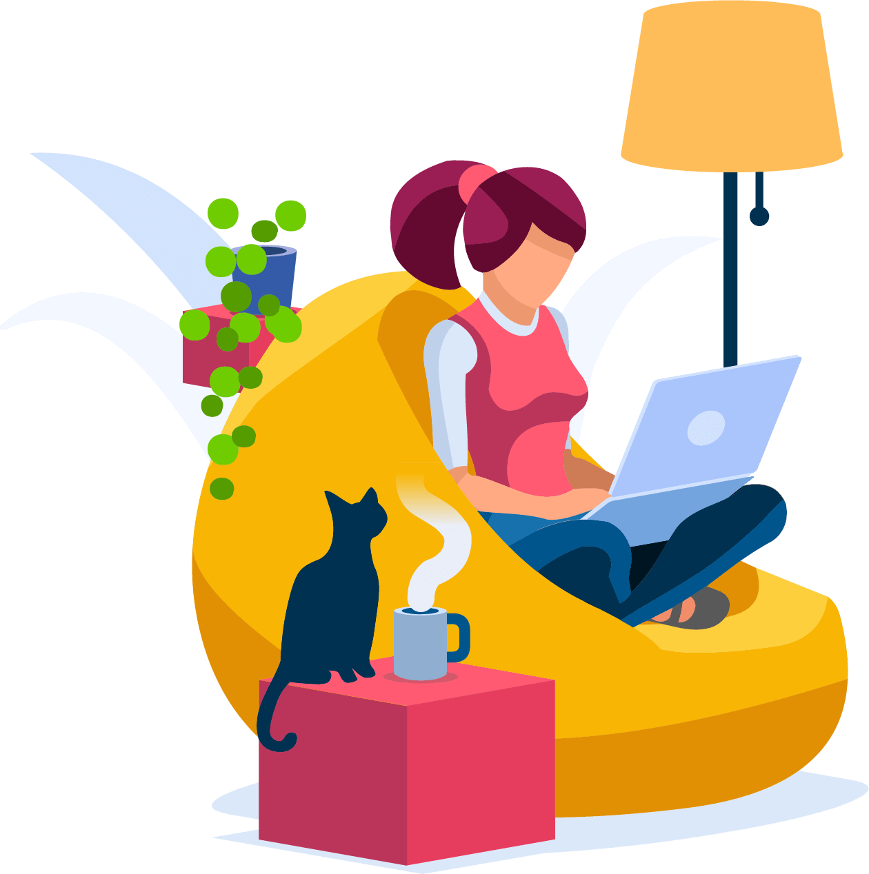 Illustration d'une femme sur un fauteuil avec son pc