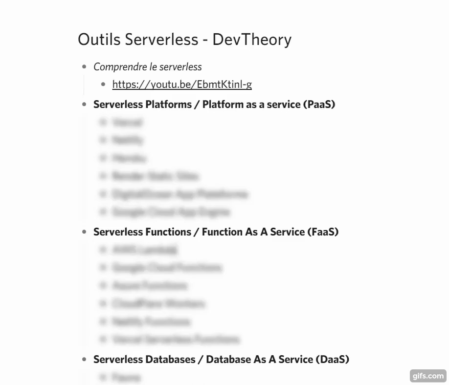 GIF de la liste conrète et floutée des outils serverless
